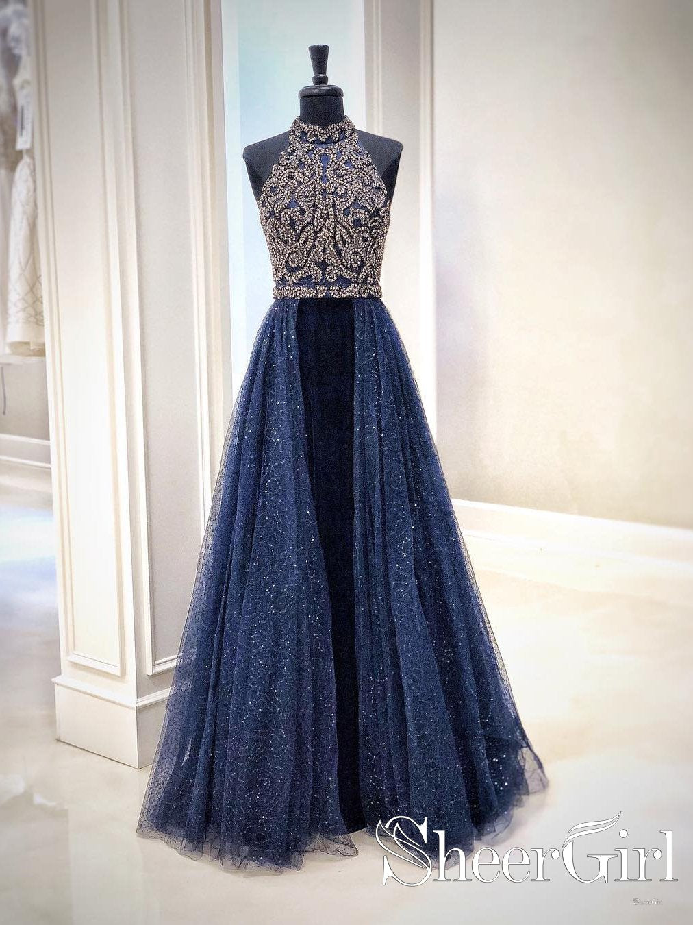 navy blue halter top prom dress Halter Neckline Navy Blue Sparkly Beaded Bodice Attachable Layer Prom Dress ARD2521