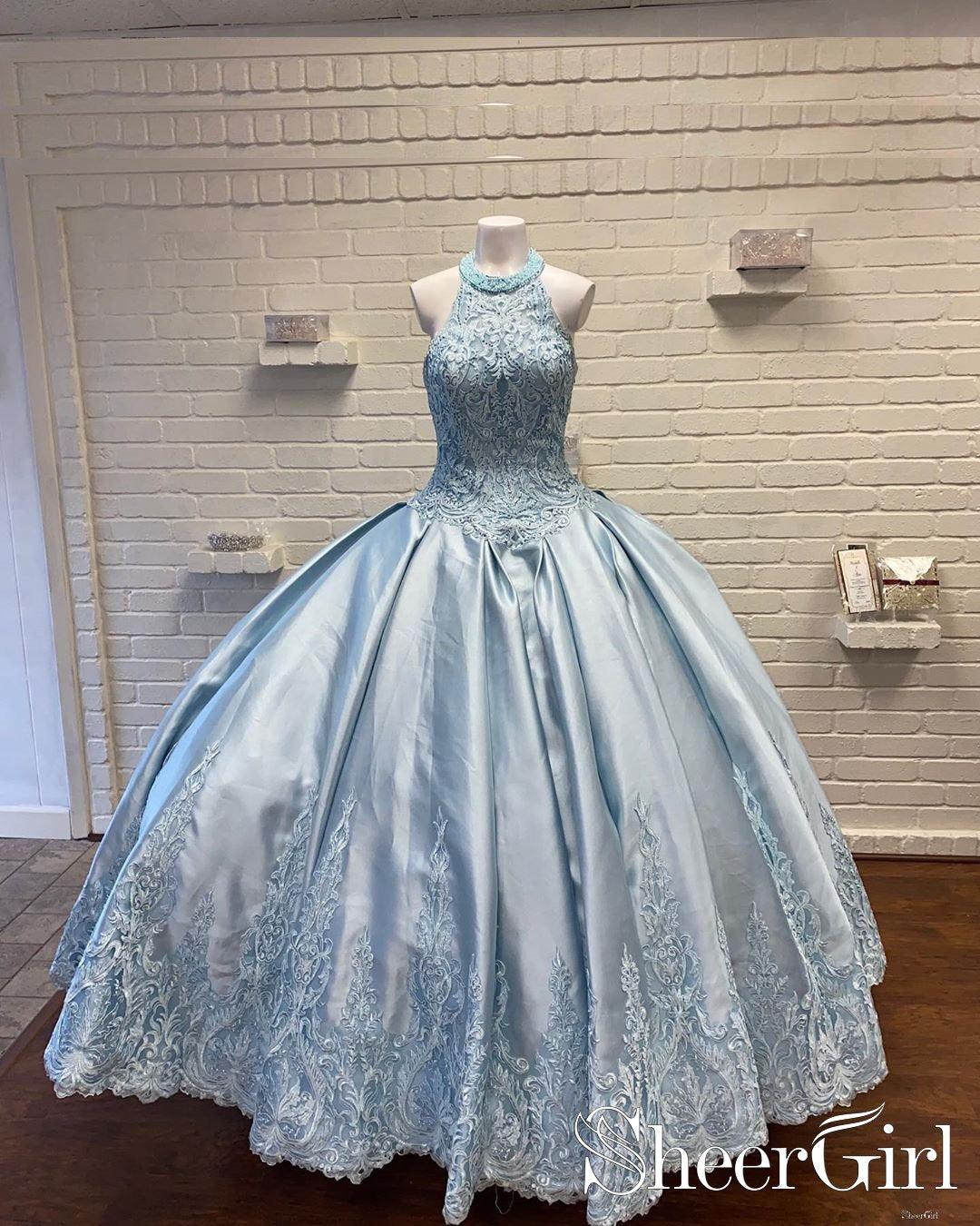 blue dress for baby girl Halter Neckline Rhinestone and Crystal Beaded Quinceañera Dress Sky Blue Satin Ball Gown Prom Dress ARD2553