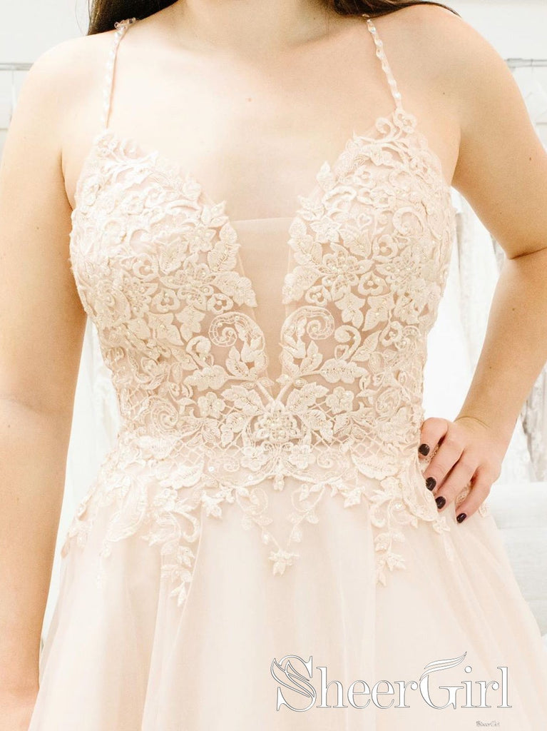 Hand Made Beaded Spaghetti Straps Illusion Plunging V Neckline Wedding Dress AWD1703-SheerGirl