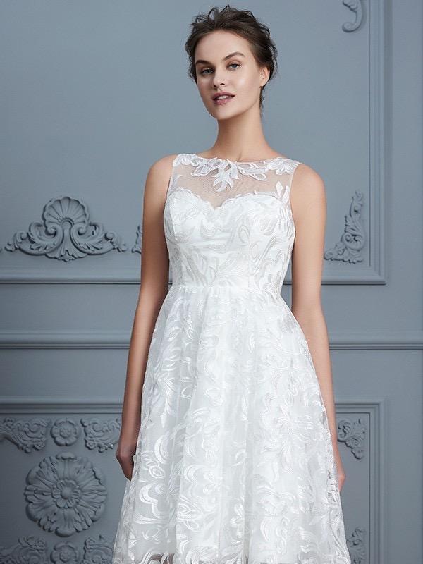 High Low Lace Wedding Dresses See Through Floral Ivory Beach Wedding Dresses AWD1080-SheerGirl