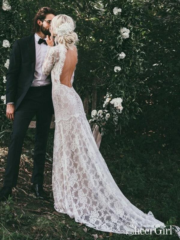 High Neck See Through Rustic Lace Wedding Dresses Vintage Sheath