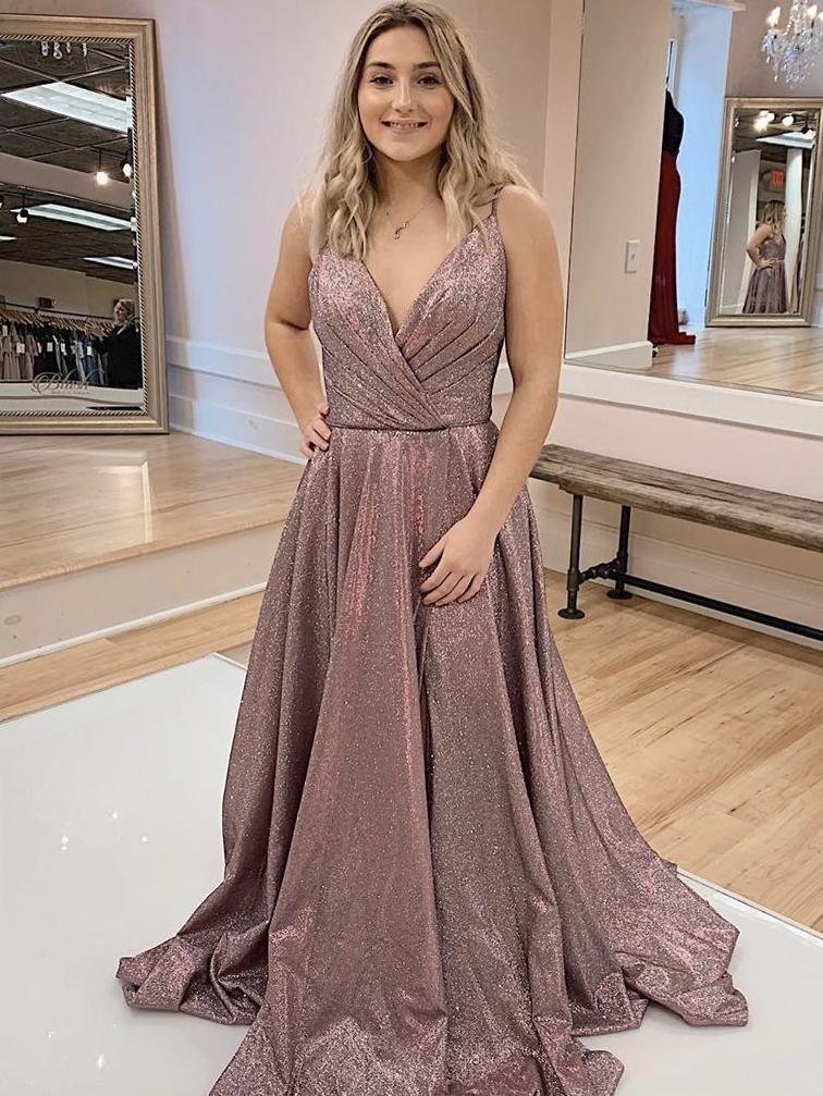 High Slit Deep V Neck Sparkly Long Prom Dresses Spaghetti Straps Forma SheerGirl High Slit Deep V Neck Sparkly Long Prom Dresses Spaghetti Straps Forma SheerGirl