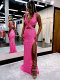 Hot Pink Crossed Bodice High Slit Party Dress Mermaid Long Prom Dress ARD2917-SheerGirl
