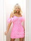 Hot Pink Lace Homecoming Dress Off the Shoulder Short Dresses with Feather ARD2913-SheerGirl