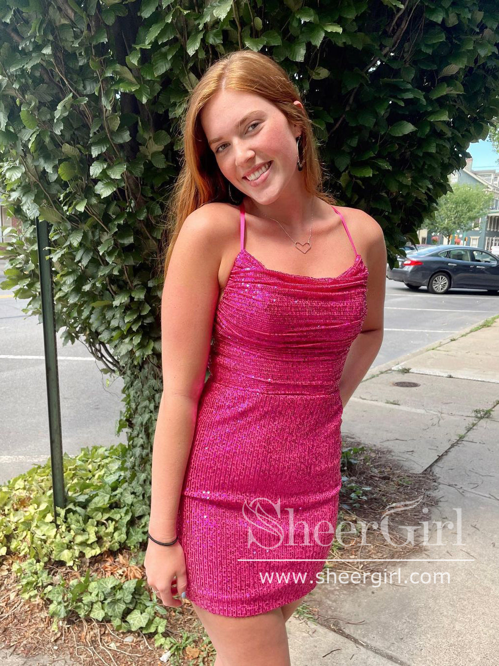 Hot Pink Sparkly Short Prom Dress Halter Neck Sequins Homecoming Dress SheerGirl