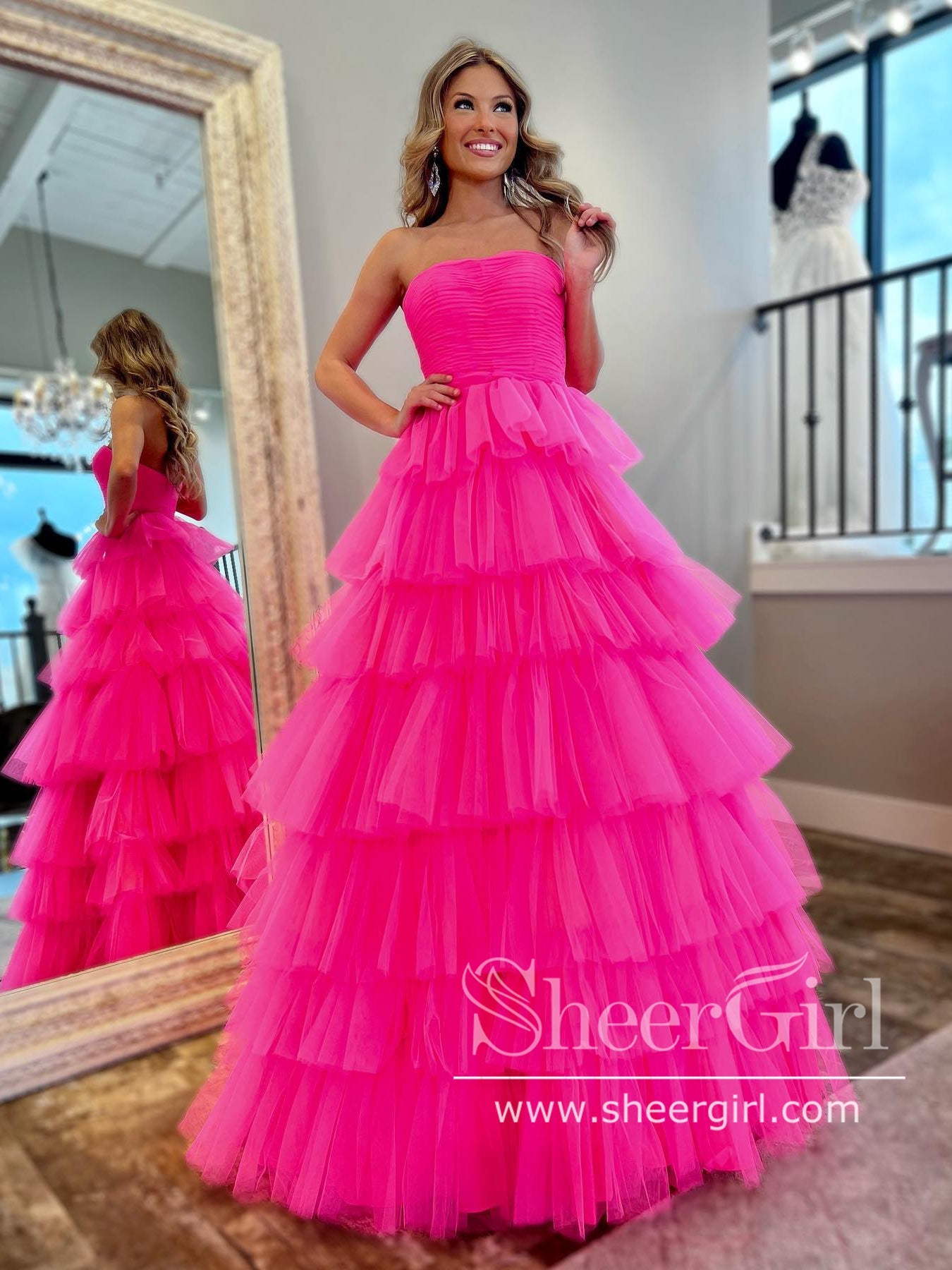 Hot Pink Strapless Ruffle Tulle Floor Length Ball Gown Tiered Tulle Prom Dress ARD2910 Hot Pink Strapless Ruffle Tulle Floor Length Ball Gown Tiered Tulle Prom Dress ARD2910