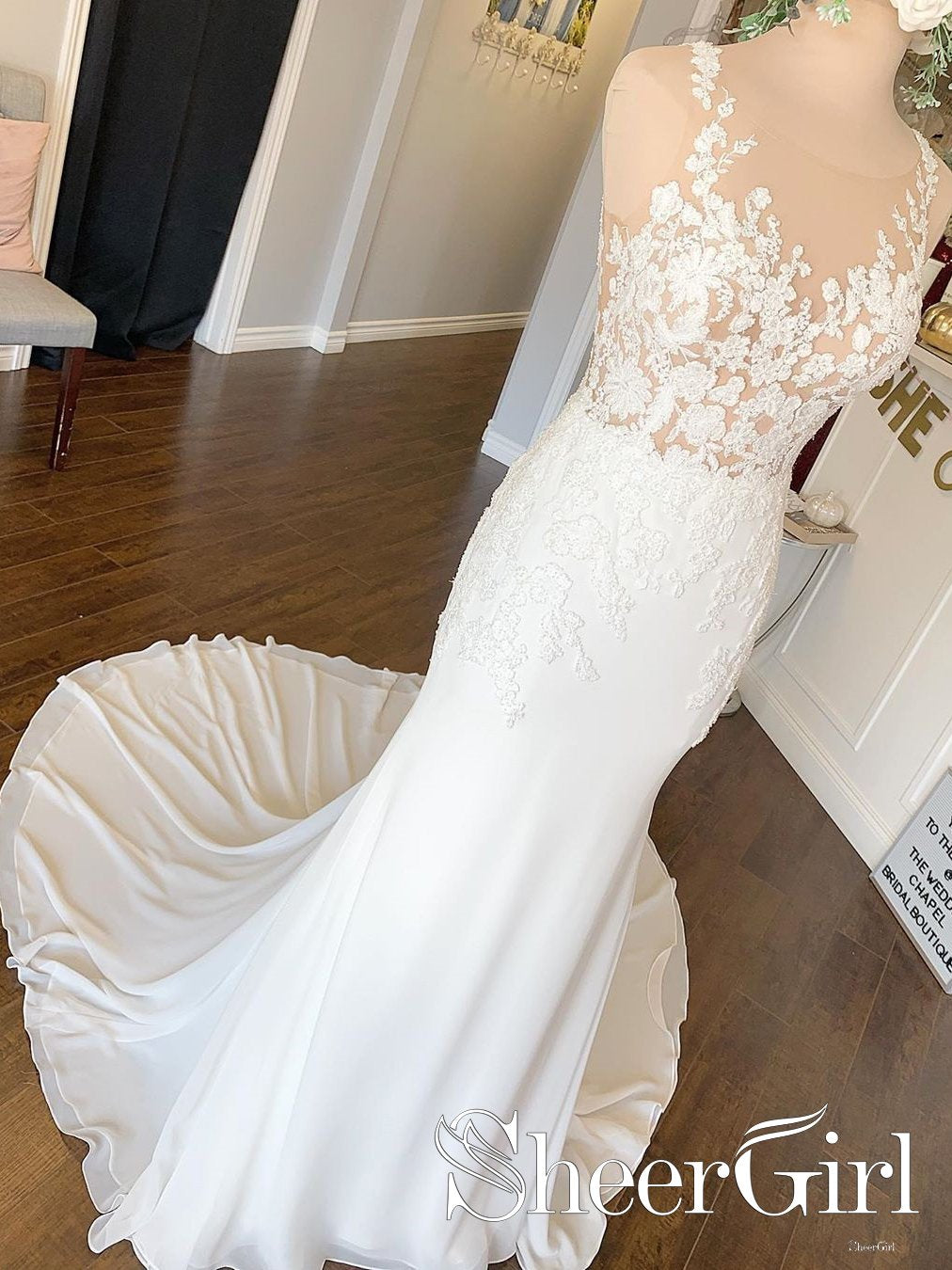 Illusion Bodice Lace Chiffon Mermaid Wedding Gown See Through Effect Wedding Dresses AWD1685 Illusion Bodice Lace Chiffon Mermaid Wedding Gown See Through Effect Wedding Dresses AWD1685