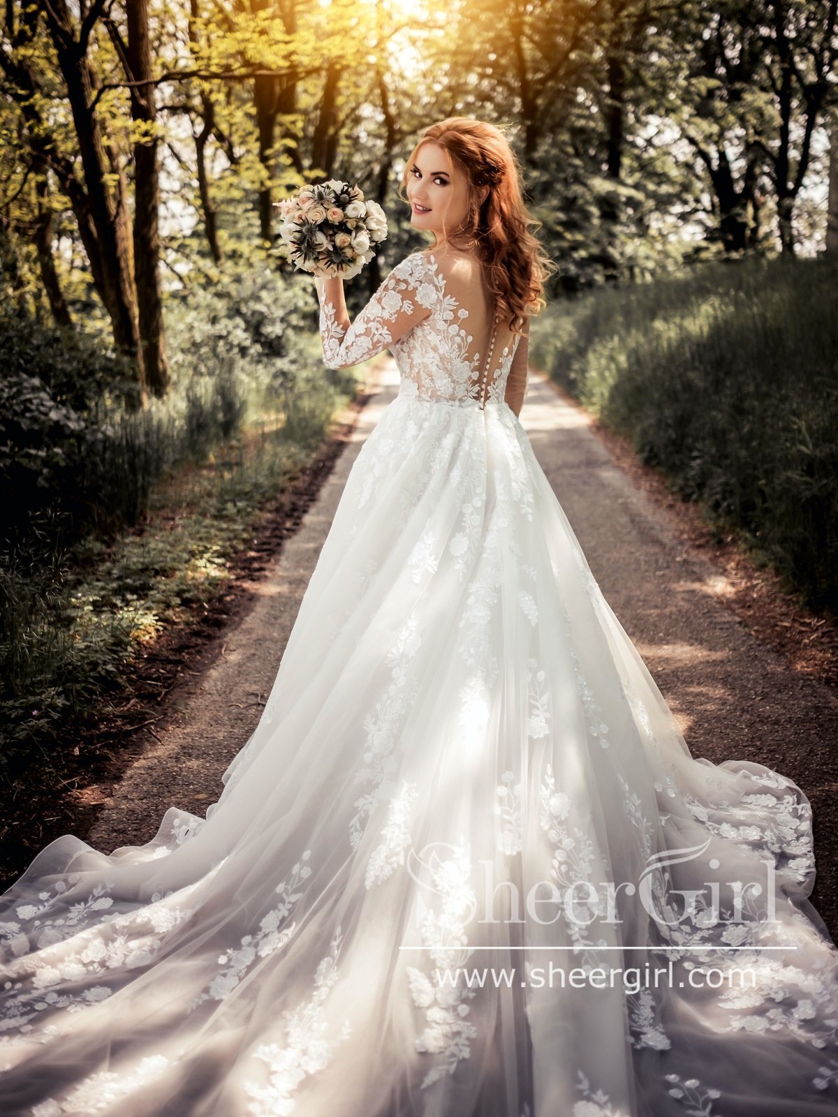 illusion lace wedding dress Illusion V-Neck 3D Lace Bohemian Wedding Dress with Slit QW2389 US6 / Custom Color