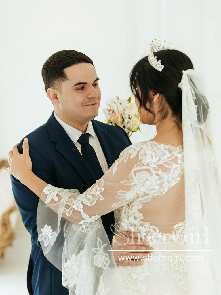 Illusion Neckline Trumpet Sleeves Tulle Bridal Dress Vintage Lace Wedding Dress AWD1943-SheerGirl