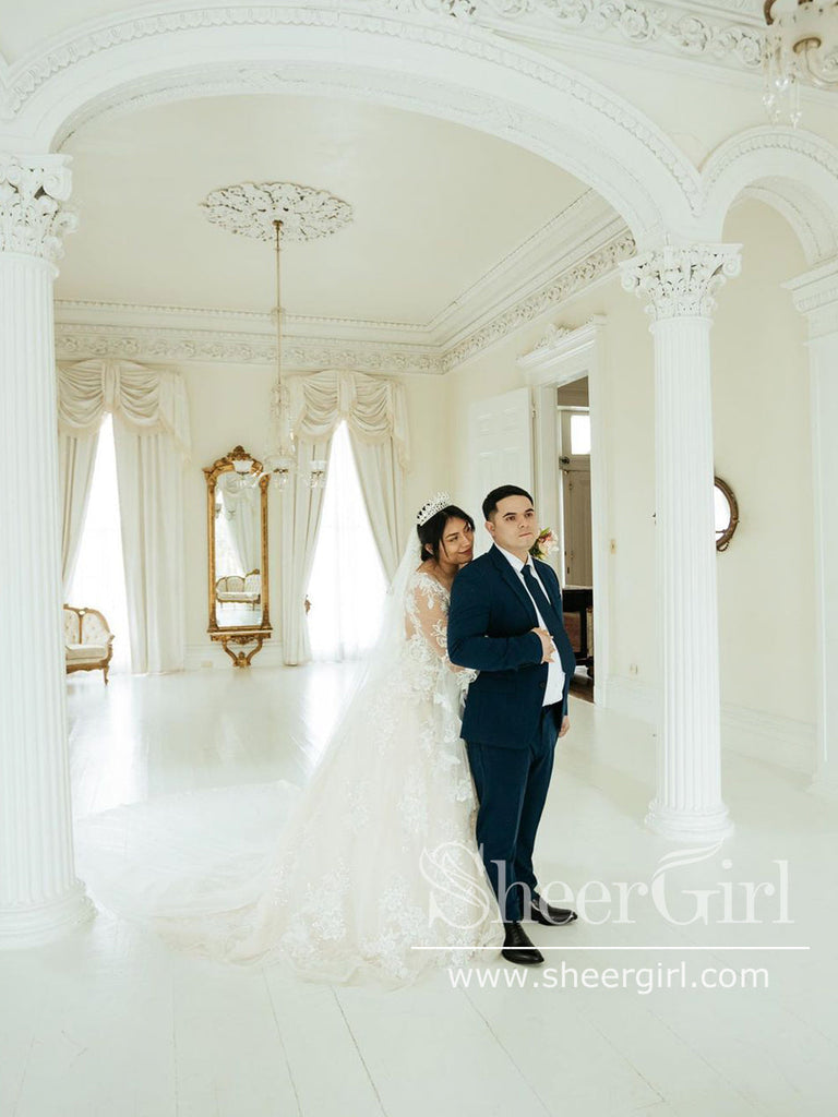 Illusion Neckline Trumpet Sleeves Tulle Bridal Dress Vintage Lace Wedding Dress AWD1943-SheerGirl