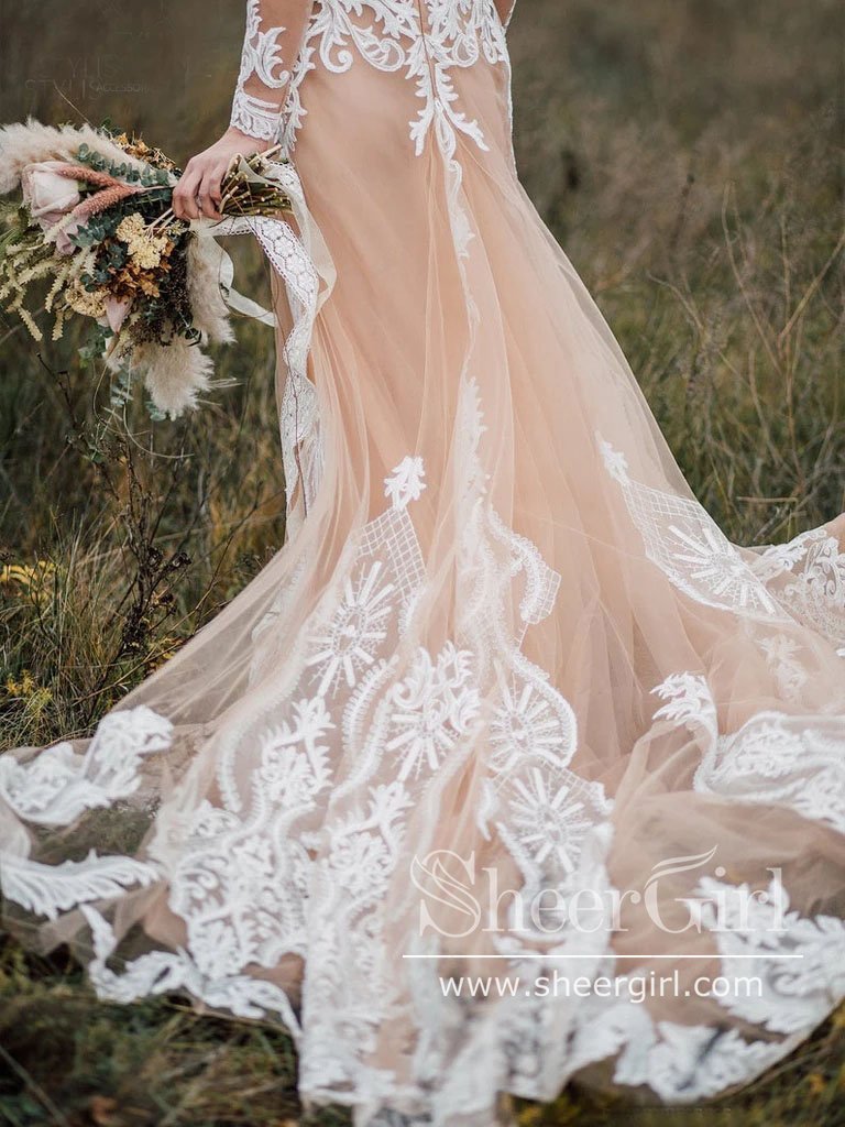 Illusion Neckline Tulle Bridal Dress Mermaid Lace Wedding Dress with Long Sleeves AWD1812-SheerGirl