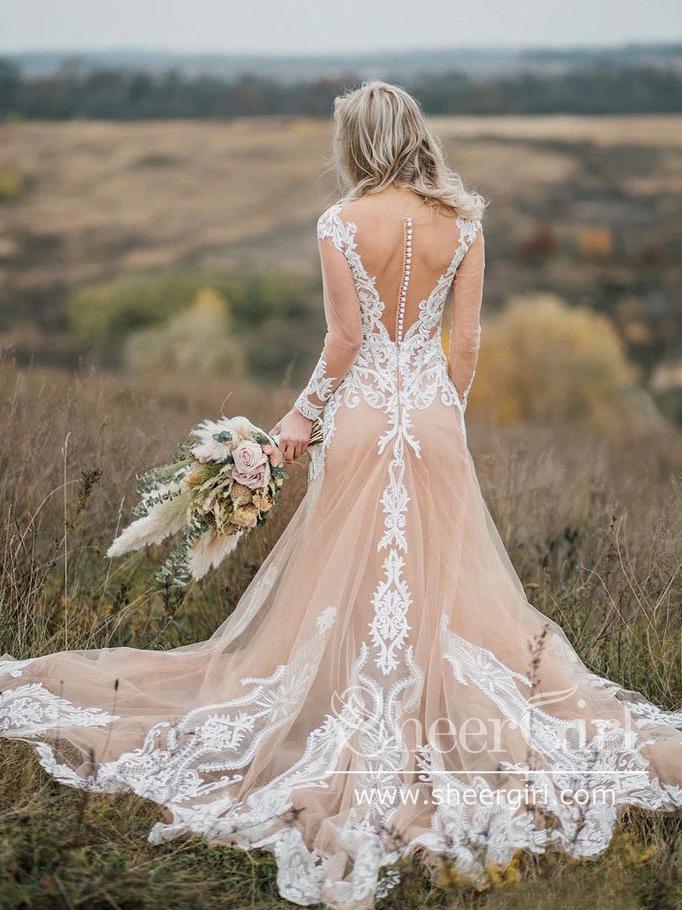 Illusion Neckline Tulle Bridal Dress Mermaid Lace Wedding Dress with Long Sleeves AWD1812 Illusion Neckline Tulle Bridal Dress Mermaid Lace Wedding Dress with Long Sleeves AWD1812