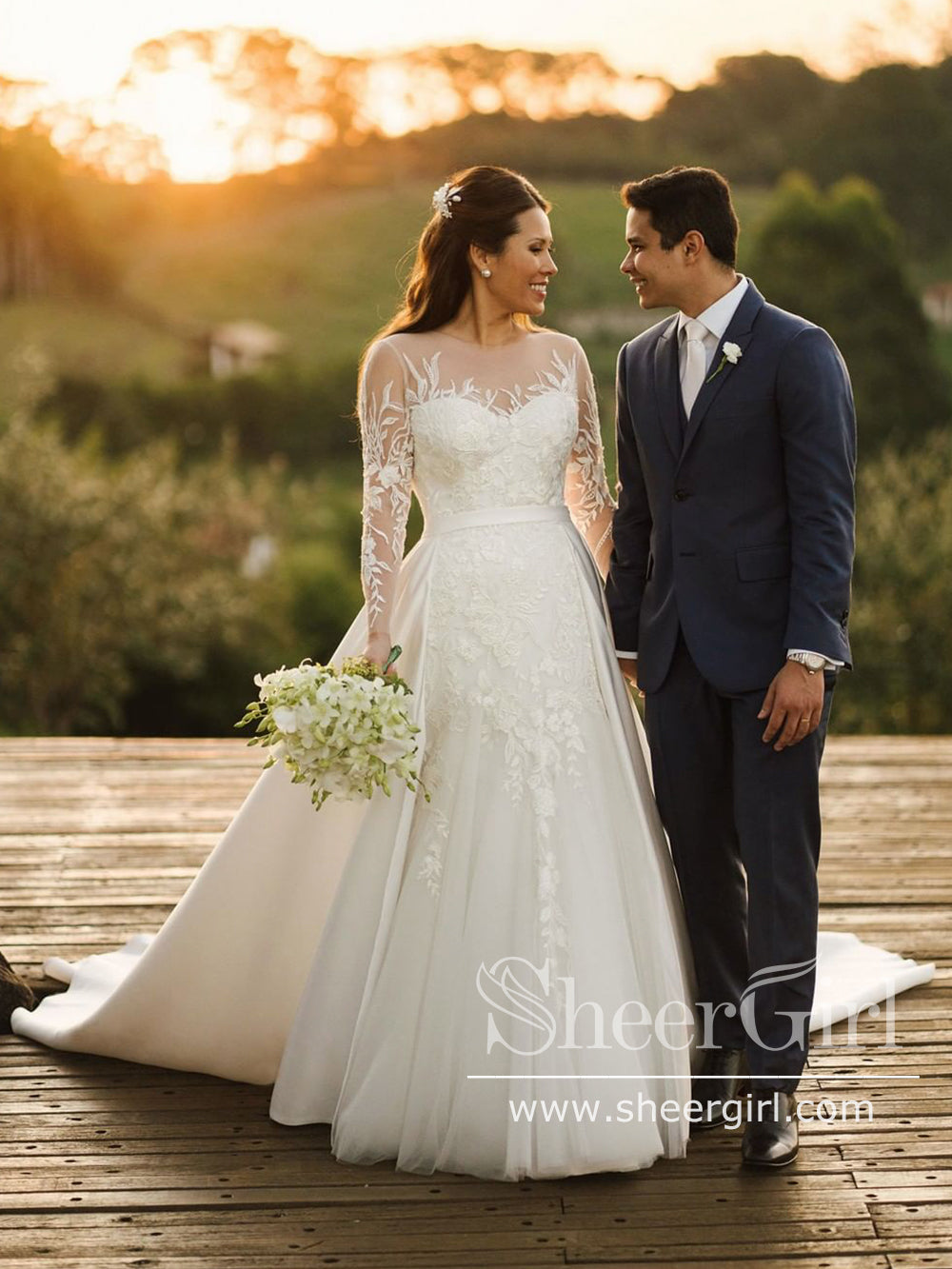 satin wedding dress lace sleeves Off the shoulder satin wedding dress
