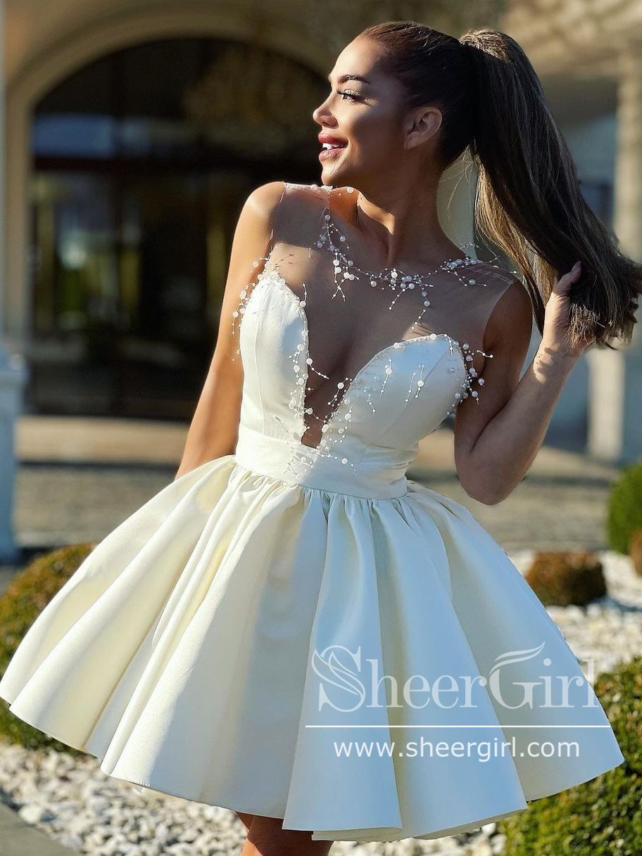 Illusion Sweetheart Neckline String Pearls Short Prom Dress Hot Homecoming Dress ARD2647 Illusion Sweetheart Neckline String Pearls Short Prom Dress Hot Homecoming Dress ARD2647
