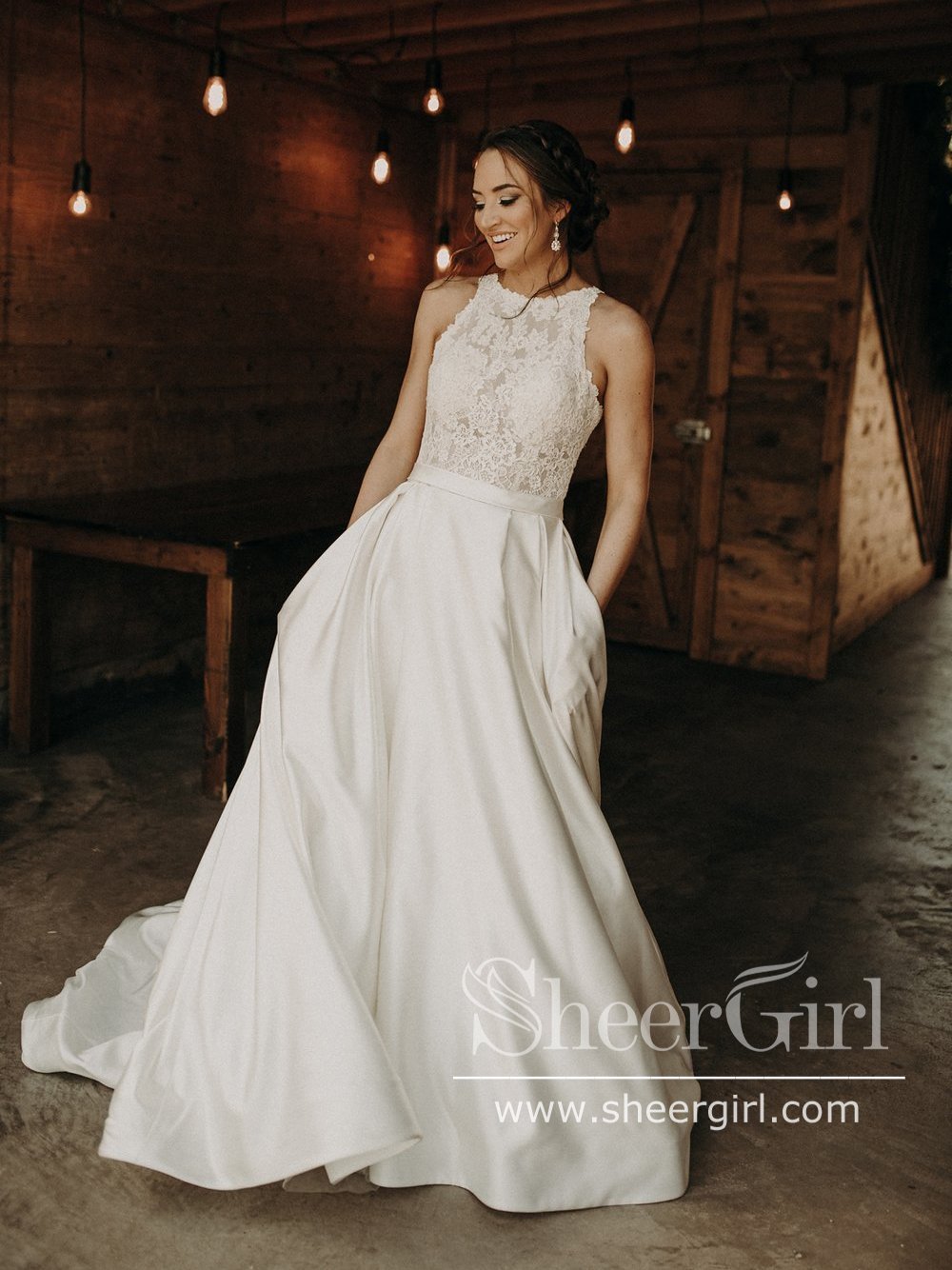 Illusion and Lace halter neck and racerback A-line Wedding Dress with Sweep Train AWD1784 Illusion and Lace halter neck and racerback A-line Wedding Dress with Sweep Train AWD1784