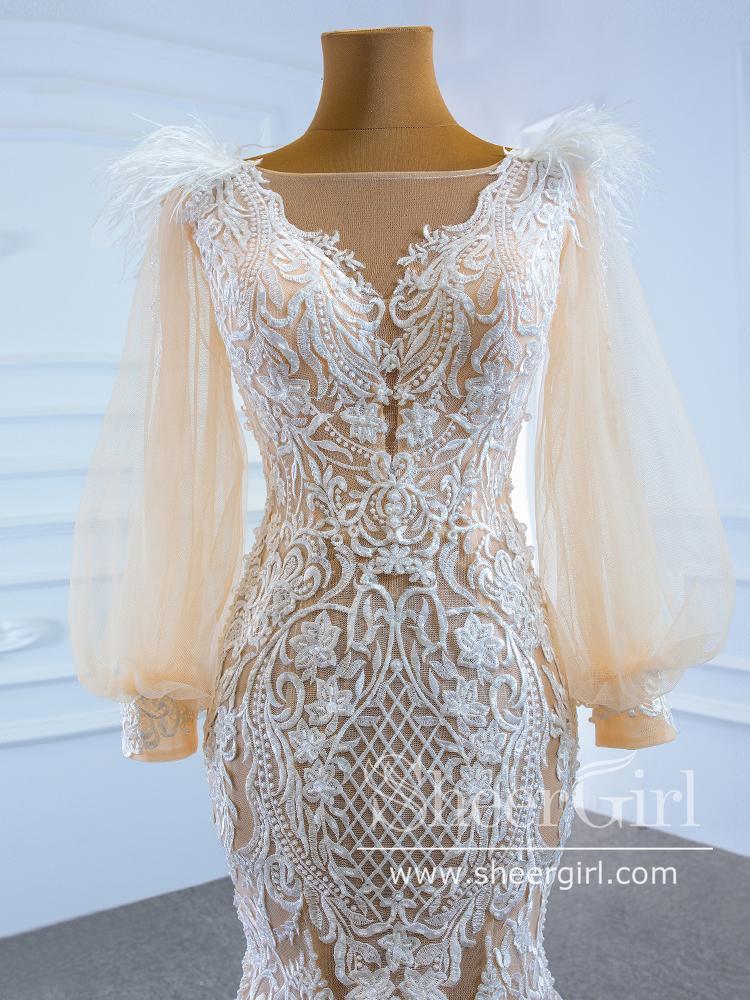 Illustion Neck Puffy Sleeved Mermaid Wedding Dress with Re-embroidery and Feather Decoration AWD1797-SheerGirl