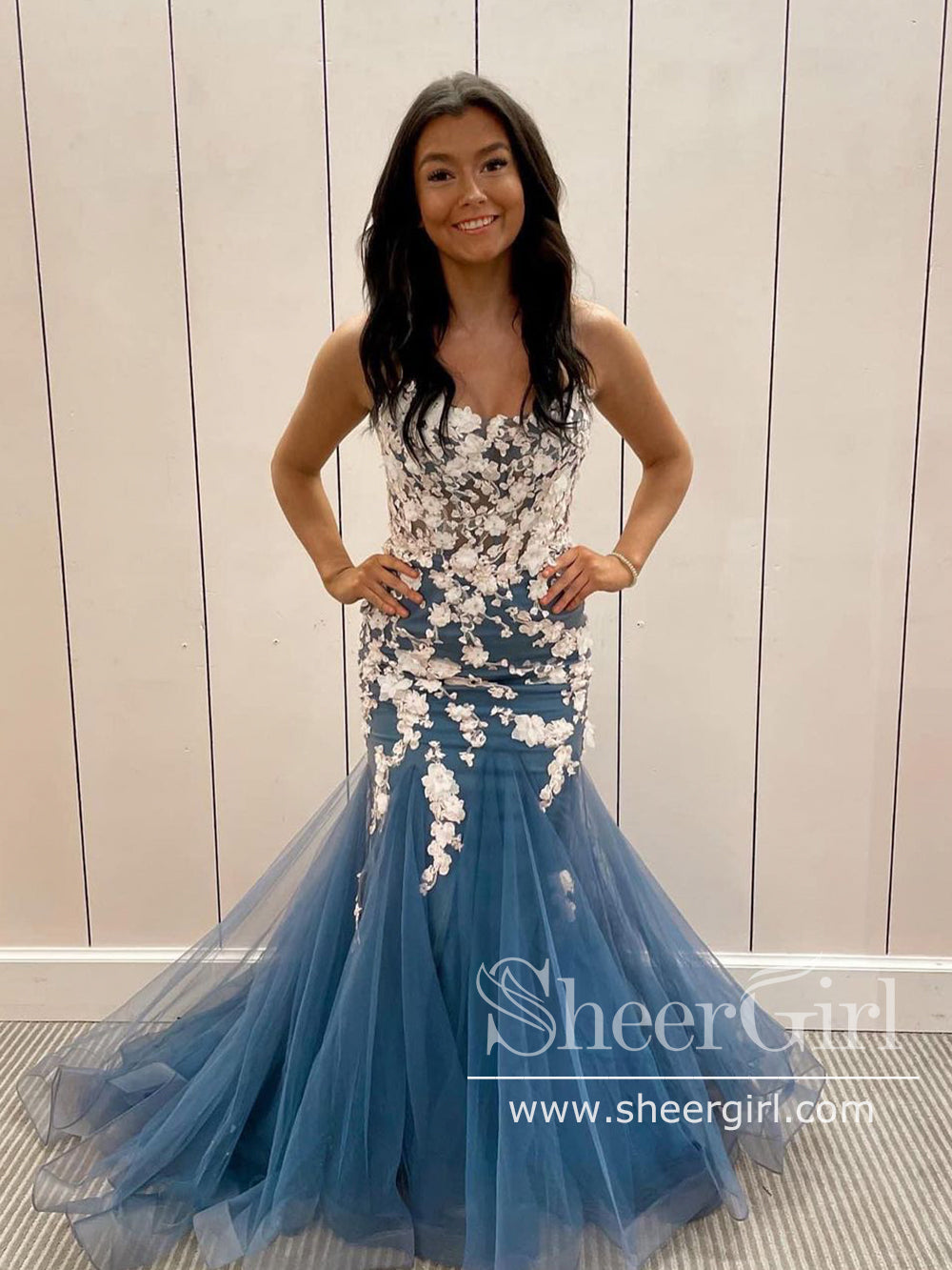 Ivory Appliqued Dusty Blue Tulle Mermaid Prom Dress Formal