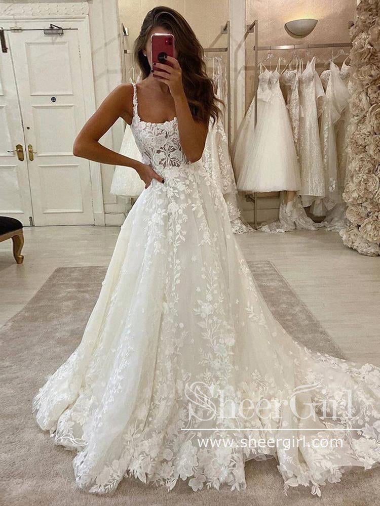 Ivory Ball Gown Floral Lace Wedding Gown Floral Lace Boho Wedding Dresses AWD1949 Ivory Ball Gown Floral Lace Wedding Gown Floral Lace Boho Wedding Dresses AWD1949
