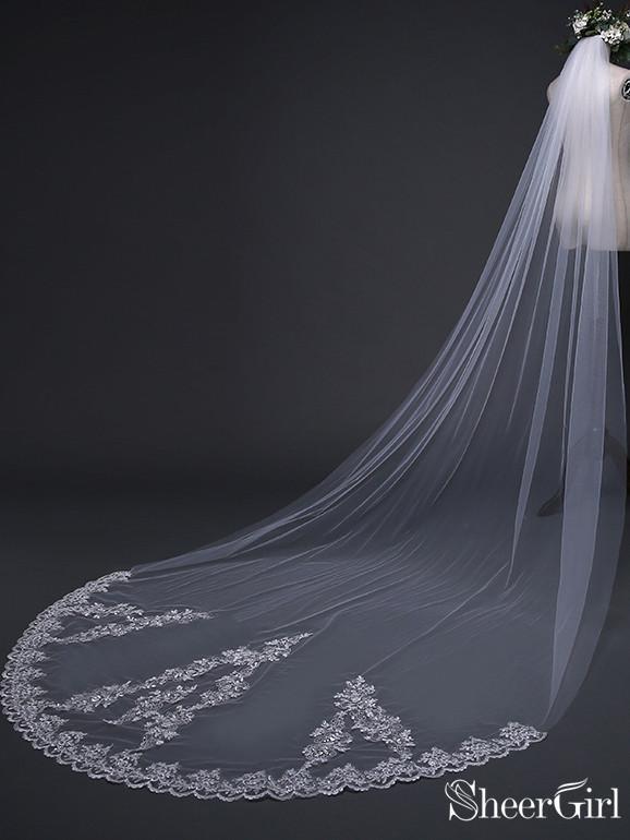 Ivory Cathedral Veils with Lace and Beaded Hemline ACC1076-SheerGirl