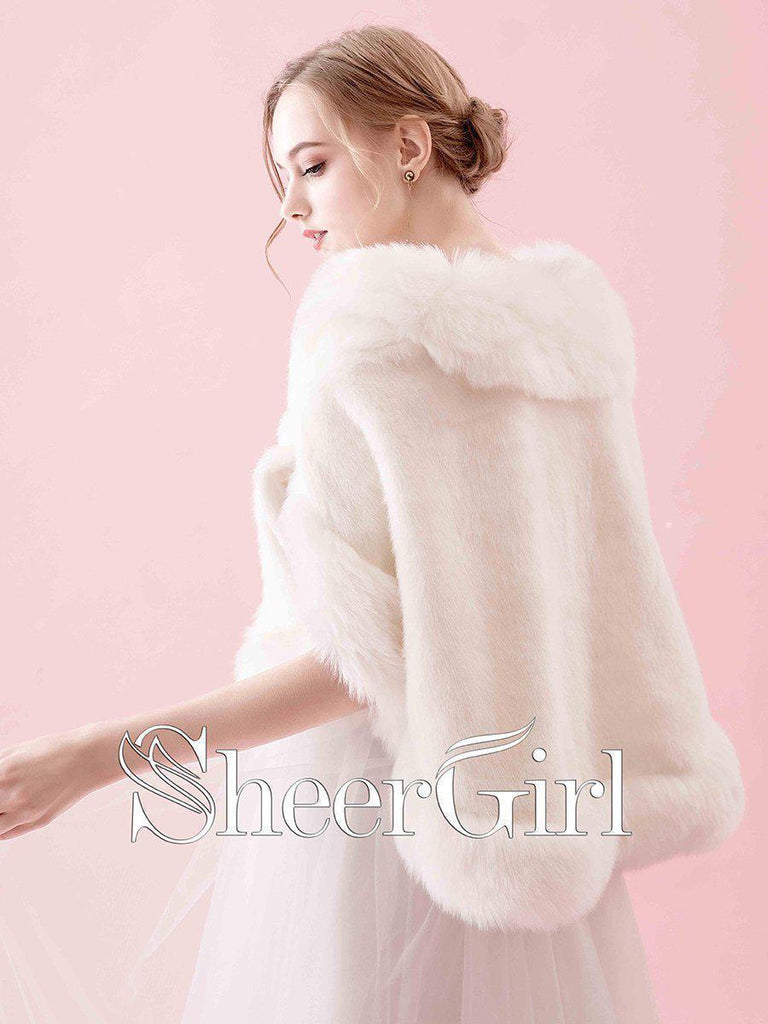 Ivory Faux Fur Bridal Jackets with Pockets Wedding Wrap WJ0011-SheerGirl