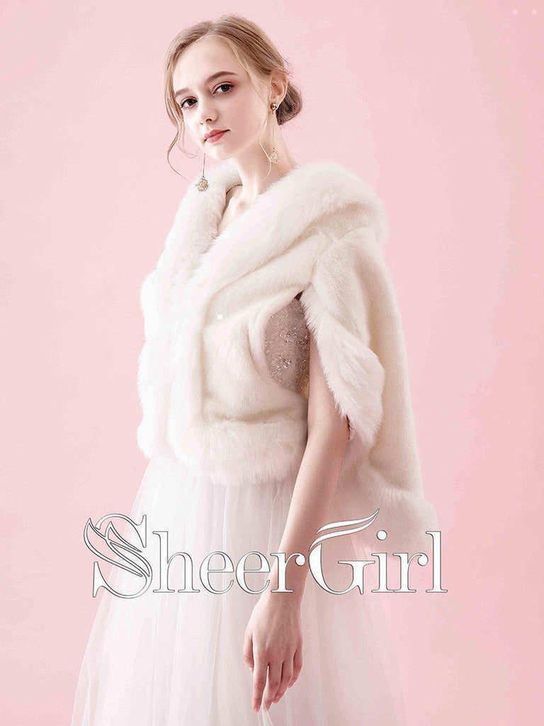 Ivory Faux Fur Bridal Jackets with Pockets Wedding Wrap WJ0011-SheerGirl