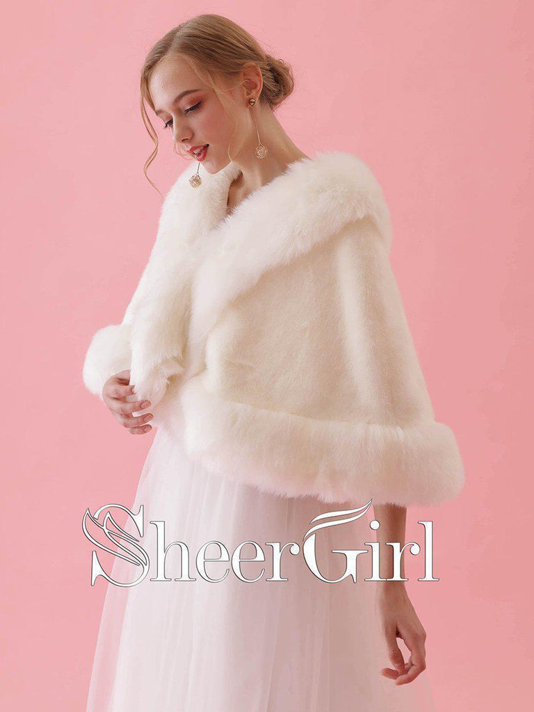 Ivory Faux Fur Wedding Wraps Short Bridal Cape WJ0009-SheerGirl
