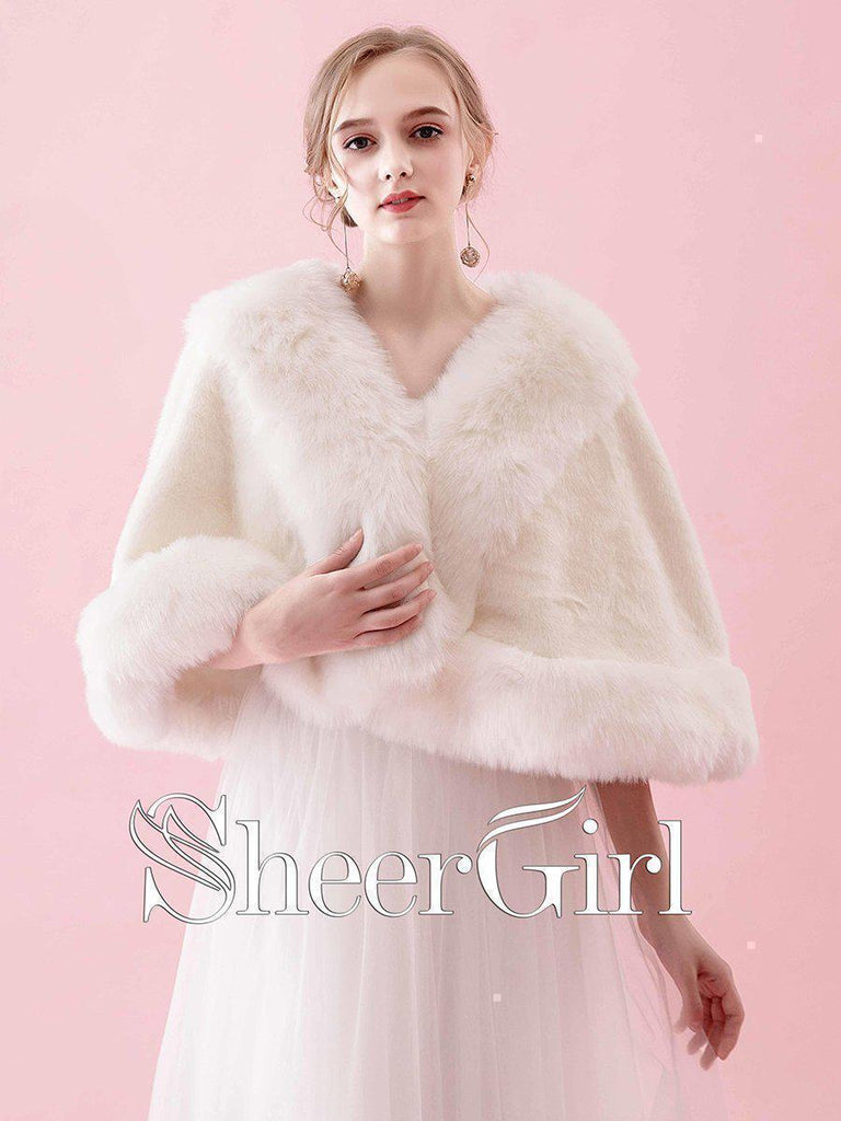 Ivory Faux Fur Wedding Wraps Short Bridal Cape WJ0009-SheerGirl