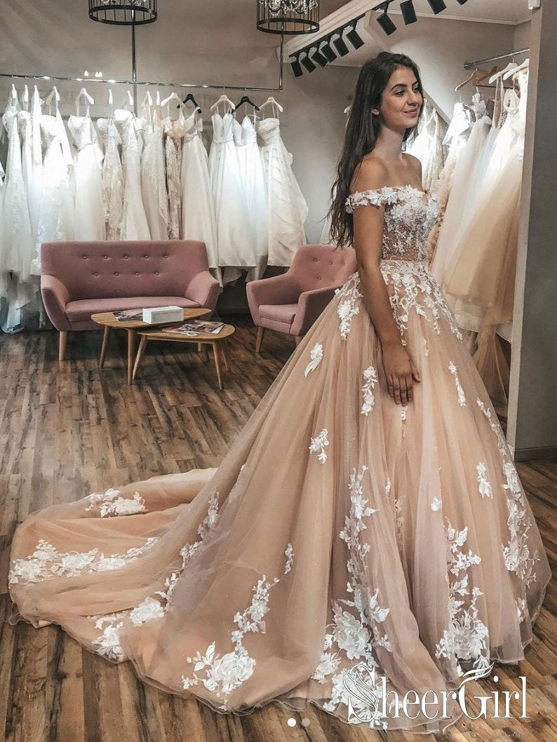 Ivory Floral Appliqued Champagne Off Shoulder Wedding Gowns Court