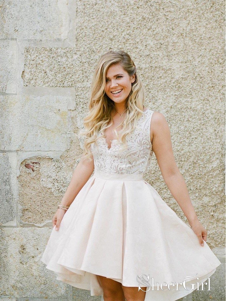 Ivory High Low Prom Dresses Lace Top V Neck Cheap Backless