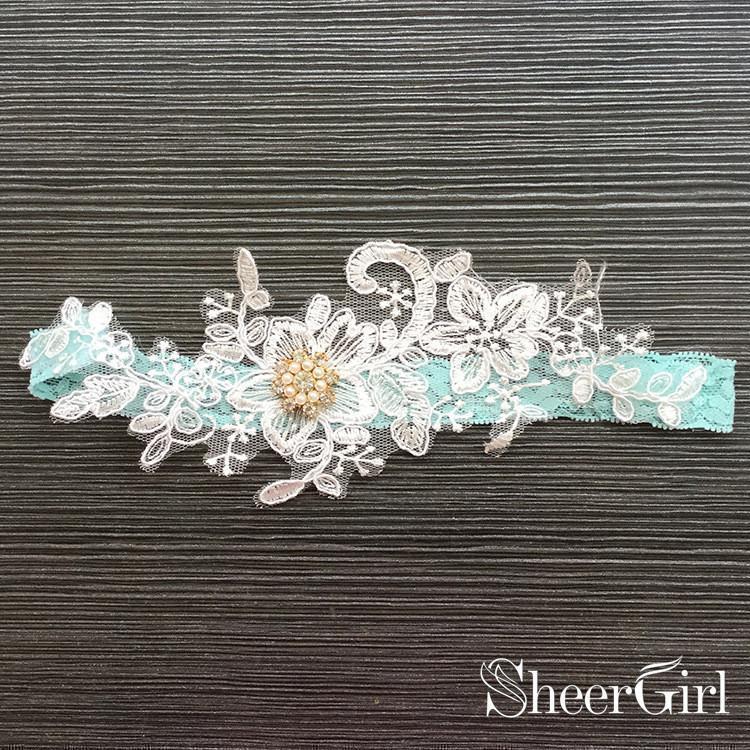 Ivory Lace Applique Wedding Garters with Rhinestone ACC1025-SheerGirl