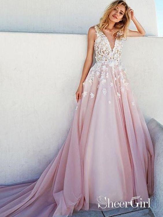 Ivory Lace Appliqued Pink A Line Prom Dresses V Neck Princess Quinceanera Dress SheerGirl Ivory Lace Appliqued Pink A Line Prom Dresses V Neck Princess Quinceanera Dress SheerGirl