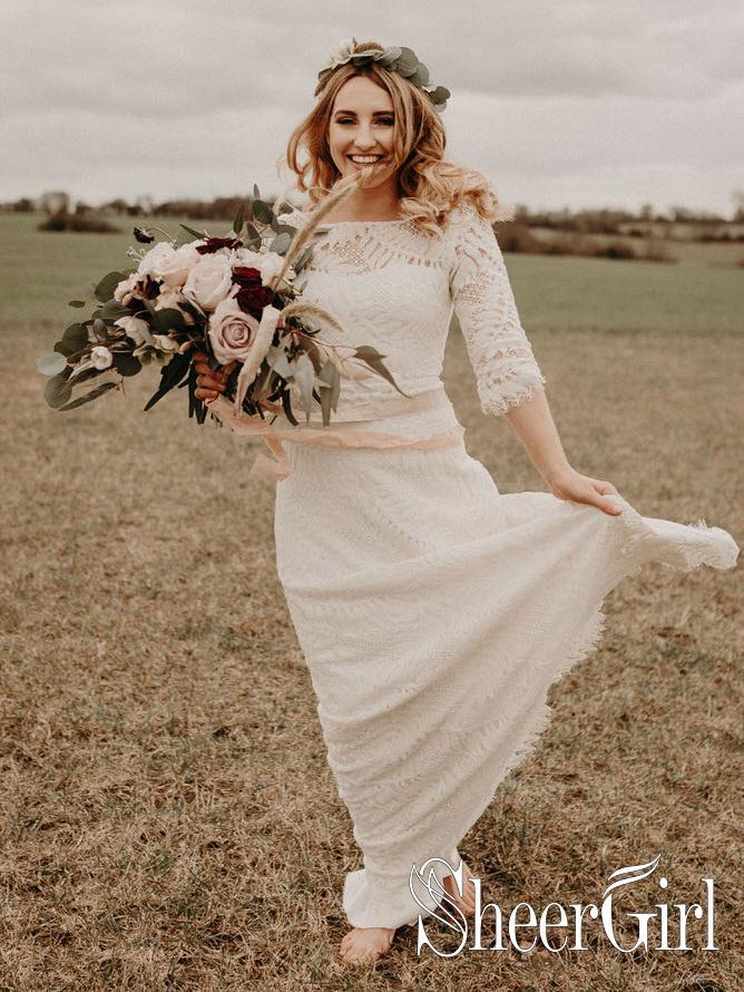 Ivory Lace Bateau Neck 3/4 Sleeves Bridal Dresses Floor Length A Line Wedding Dresses AWD1655 Ivory Lace Bateau Neck 3/4 Sleeves Bridal Dresses Floor Length A Line Wedding Dresses AWD1655