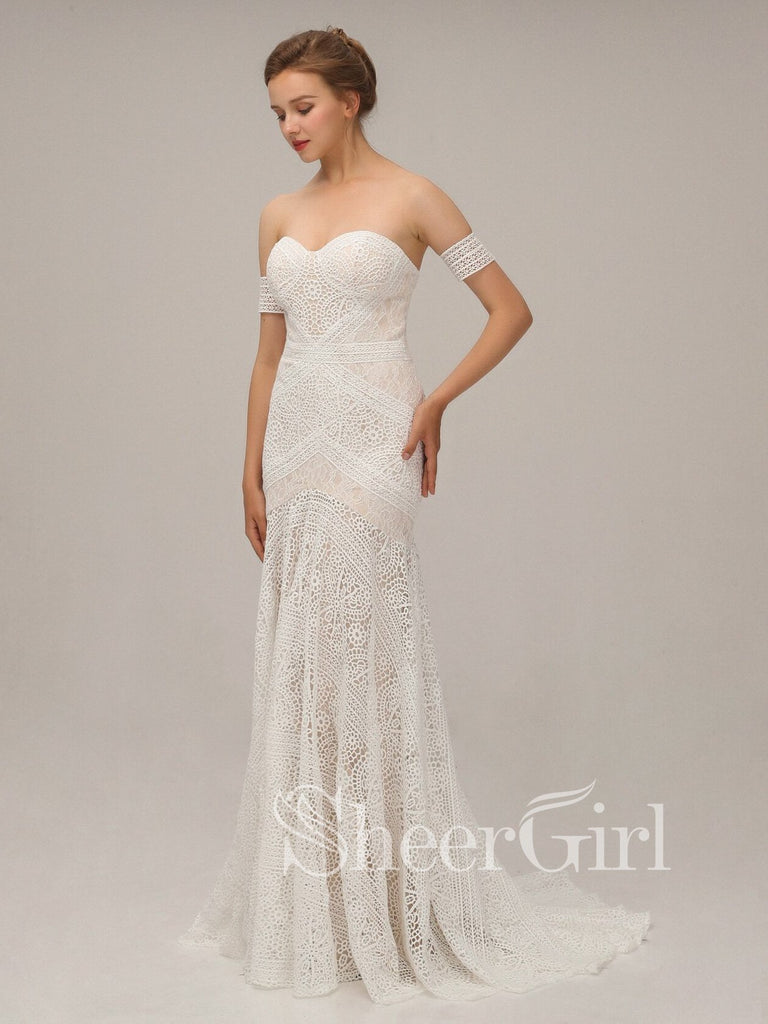 Ivory Lace Beach Wedding Dresses Sweetheart Neck Rustic Boho Wedding Dresses AWD1156-SheerGirl