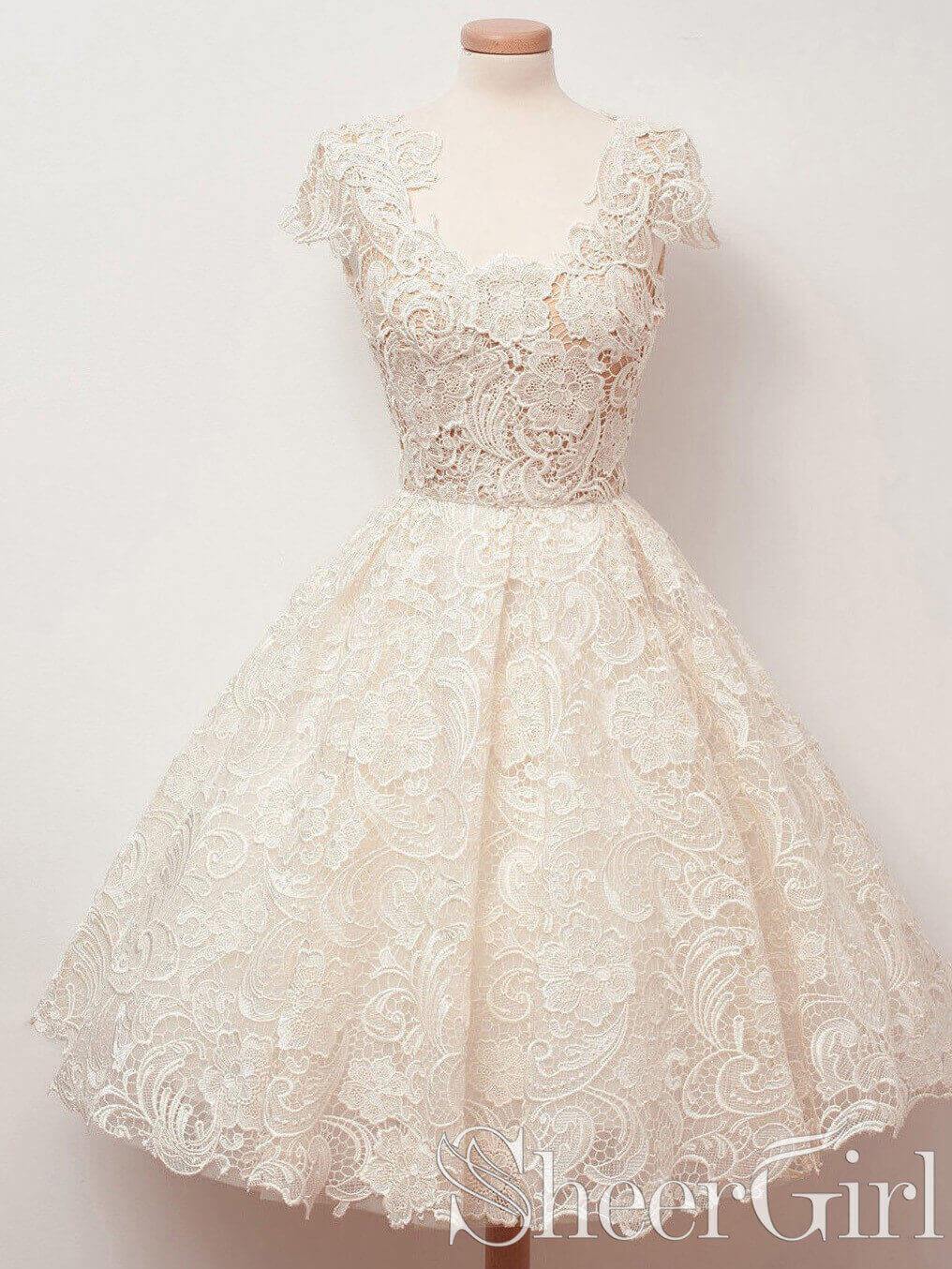 Ivory Lace Short Homecoming Dresses A-line Formal Dress With Cap Sleeves ARD2446