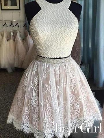 Ivory Lace Two Pieces Homecoming Dresses Rhinestones and Halter Neck Body Short Prom Dress ARD2459