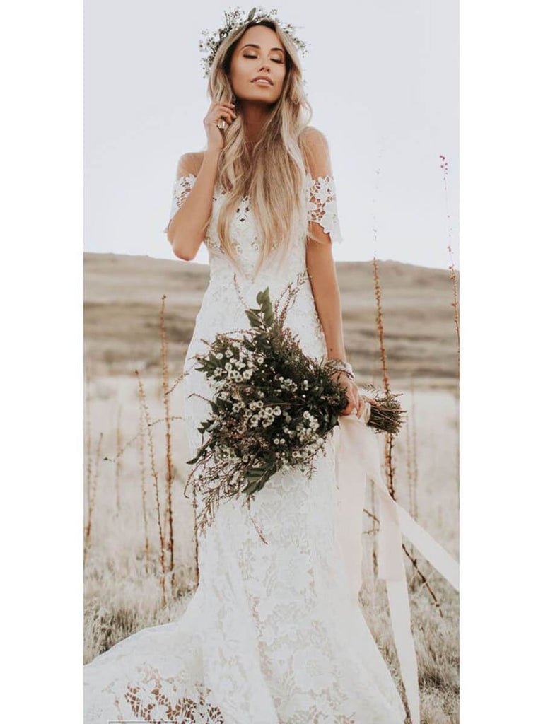 Ivory Mermaid Lace Rustic Wedding Dresses Illusion Neckline Beach Wedding Dress AWD1157-SheerGirl