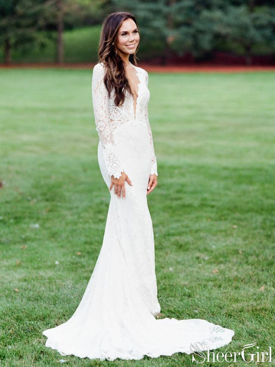 chinese dress ladies Long Sleeves Wedding Dress Mermaid With Lace Appliques – 27dress main image 0