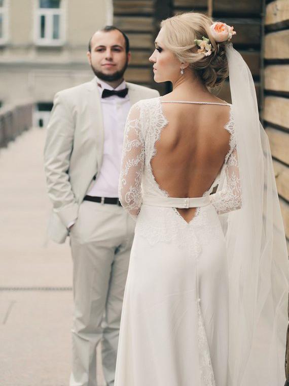 Ivory Rustic Wedding Dresses Backless Lace Long Sleeve Beach Wedding Dress AWD1198-SheerGirl