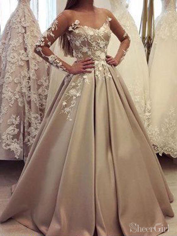 fitted lace wedding dress Ivory White Long Sleeve Prom Dresses with Lace Applique ARD2328