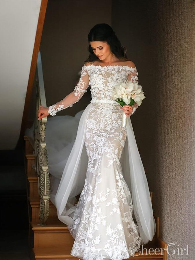 Sexy Long Sleeves Mermaid Wedding Dresses Lace Bridal Gown Evening Dress  for Women Wedding Party Dress Plus Size White