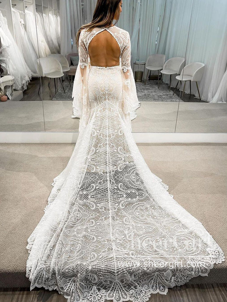 Keyhole Back Long Sleeves Mermaid Lace Wedding Dress AWD1867-SheerGirl