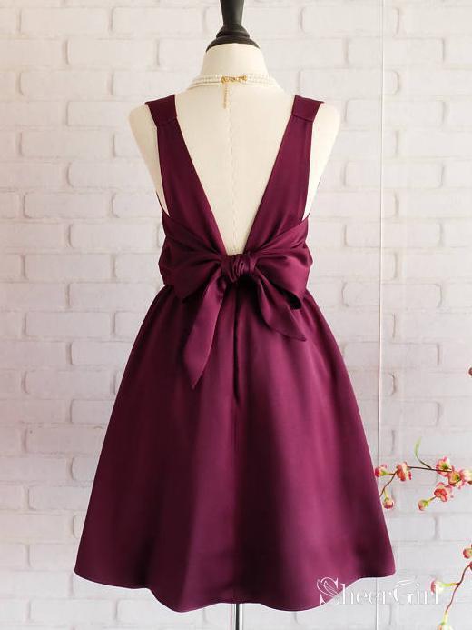 Knee Length Plum Homecoming Dresses Backless Cheap Simple Short Prom Dress  – SheerGirl
