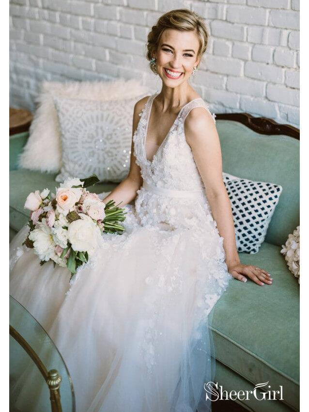 Lace Applique Ivory & Champagne Wedding Dresses V Neck Beach Wedding Dress AWD1277-SheerGirl