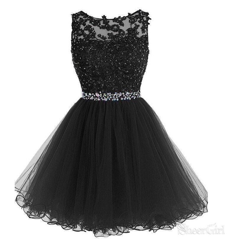 Lace Appliqued Black Tulle Homecoming Dresses,Beaded Hoco Dress,apd255 –  SheerGirl