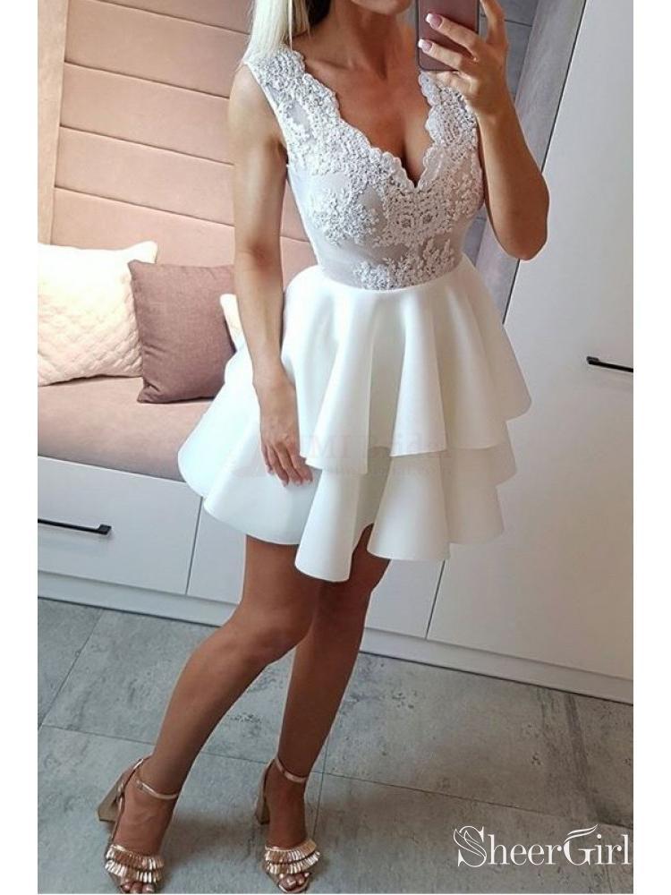 mini dress cheap Lace Appliqued Grey Mini Homecoming Dresses Cheap V Neck White Cocktail  Dress – SheerGirl