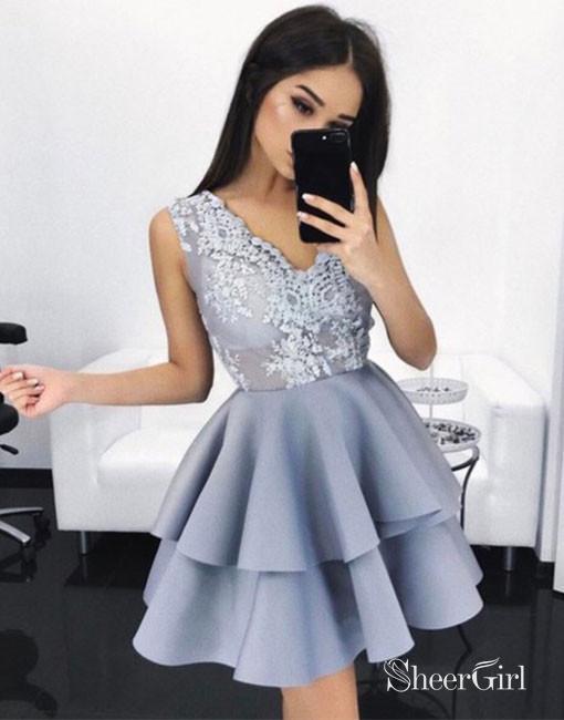 Lace Appliqued Grey Mini Homecoming Dresses Cheap V Neck White Cocktail  Dress ARD1505