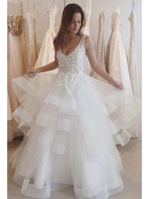 Lace Appliqued Ivory Organza Backless See-Through Wedding Dresses,Apd2476