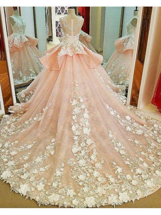 Lace Wedding Blush Ball Gown Wedding Dress Lace Appliqued Princess