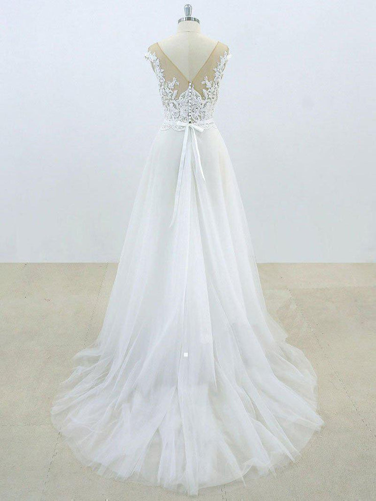 Lace Appliqued See Through Beach Wedding Dresses Summer Wedding Dress SWD0062-SheerGirl