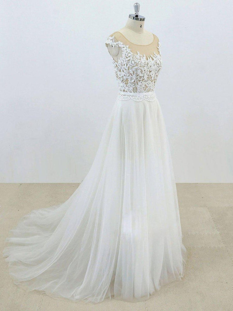 Lace Appliqued See Through Beach Wedding Dresses Summer Wedding Dress SWD0062-SheerGirl